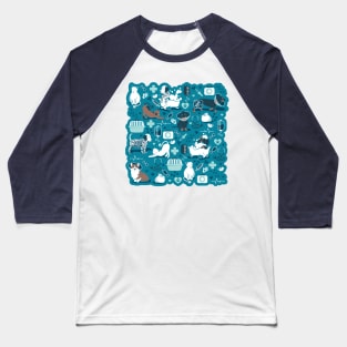 Veterinary medicine, happy and healthy friends // turquoise background aqua details navy blue white and brown cats dogs and other animals Baseball T-Shirt